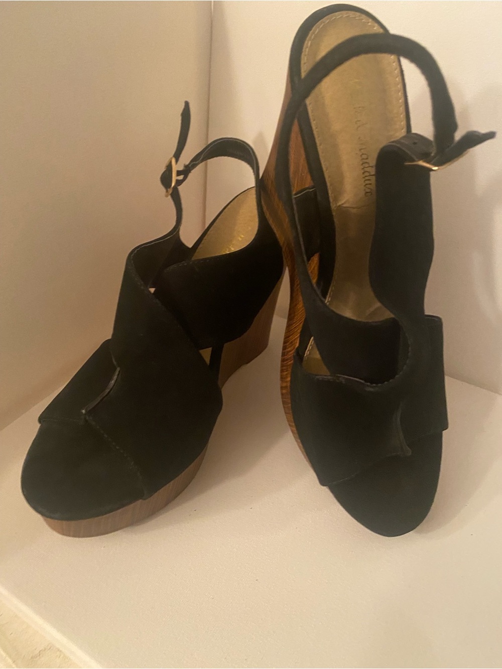 Black Suede Wedge Slingback Heels with Wood-Look Platform